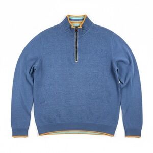 Robert Graham Sweater Mens XL Blue 1/4 Zip Mock Neck Cotton Pullover Stripe Trim